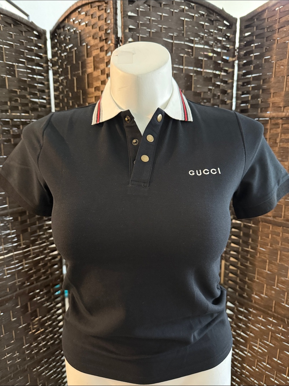 Gucci Black Short-Sleeve Polo Top with Striped Collar